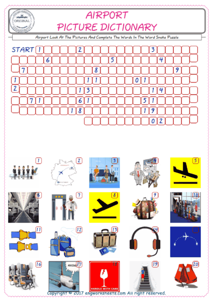  Check the Illustrations of Airport english worksheets for kids, and Supply the Missing Words in the Word Snake Puzzle ESL play. 